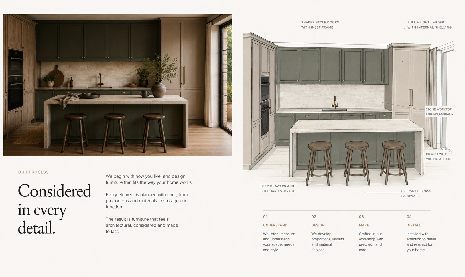 Completed bespoke kitchen beside a design-stage architectural sketch showing cabinetry, storage, materials and key details.